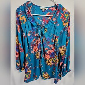 The Pioneer Woman Teal Floral Tie-Neck Tunic